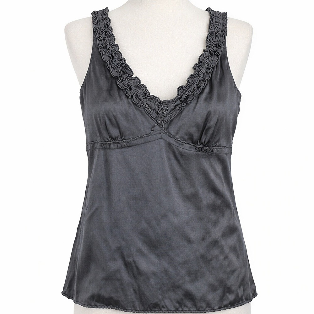 Y2K Whimsigoth Silk Babydoll Tank Sz XS Gray Ruffle Layering Fairy Grunge Ruffle